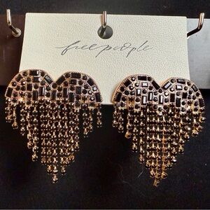 NWT Free People Black Rhinestone Dripping Gold Heart Earrings
